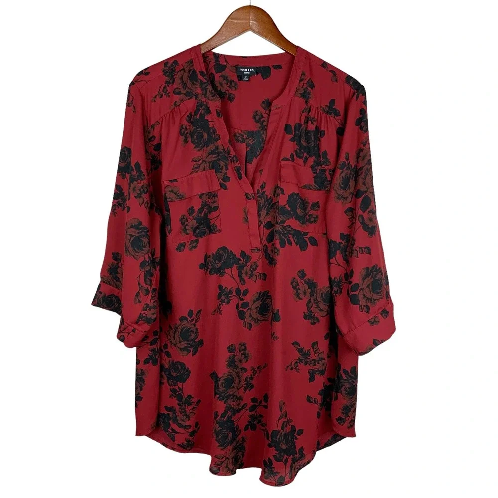 Torrid Harper Blouse Tunic Georgette Red Floral Popover Women’s 2 2X 18/20